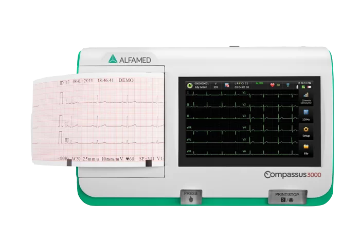 Compassus 3000 ECG Portátil de alta precisão com visualização simultânea de até 12 derivações ideal para triagem, checkup e transporte.